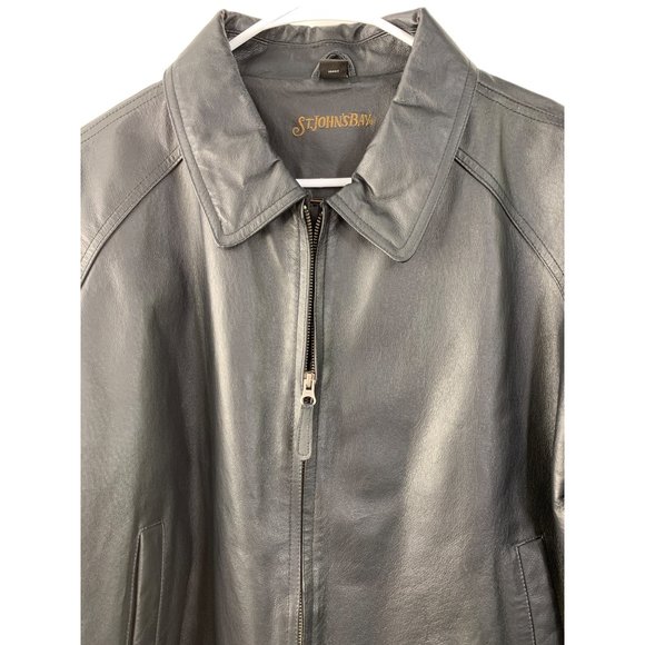 Mens St Johns Bay Black Leather Aviator Jacket Insulated Size Large GUC 6662 - Picture 2 of 13